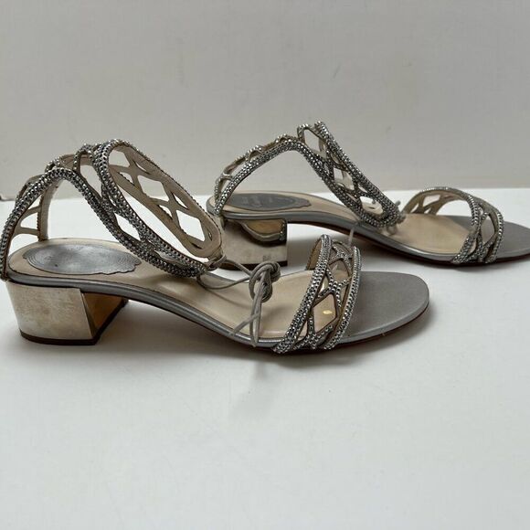 Rene Caovilla Women's Silver Leather Ankle Strap Sandals Size 36 Made In Italy - Picture 3 of 14